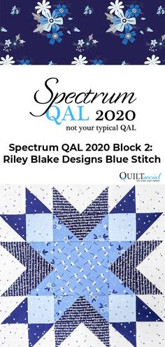 an advertisement for a blue and white quilt with flowers on the front, and text that reads