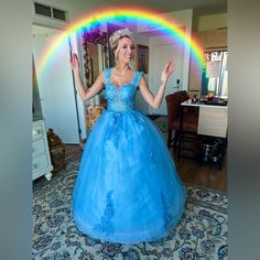 Light Blue Cinderella Style Evening Gown Sold With Hoop Skirt For Full Effect If Desired. Only Worn Once For A Disney Princess Event Model: 5’8” & 130 Lbs Cinderella Gown, Hoop Skirt, 130 Lbs, Evening Gown, Evening Gowns, Cinderella, New Color, Light Blue, Size 4