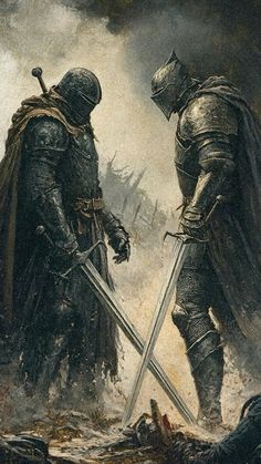 two men in armor standing next to each other holding swords and looking at each other