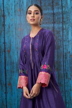 Shop for Niti Bothra Purple Silk Cutwork Sleeve Kurta And Palazzo Set for Women Online at Aza Fashions Chanderi Long Sleeve Kurta With Yoke, Designer Chanderi Kurta With Yoke Detail, Designer Kurta With Yoke For Eid, Navratri Long Sleeve Kurta With Yoke, Designer Long Sleeve Kurta With Yoke, Festive Cotton Silk Kurta With Yoke Detail, Festive Cotton Silk Kurta With Yoke, Long Sleeve Yoke Kurta For Festivals, Festive Chanderi Kurta With Yoke Detail