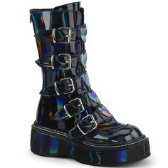 2" Platform Calf High With 5 Buckle Straps, Back Metal Zip Galaxy Converse, Demonia Boots, Galaxy Vans, Alternative Shoes, Demonia Shoes, Punk Boots, Metal Plates, Buckle Boots, Soft Grunge