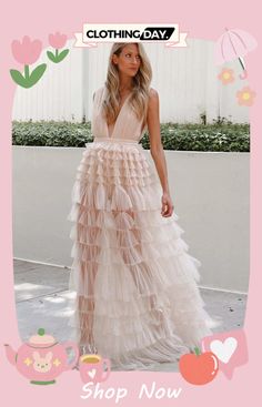 Women Elegant Sleeveless V Neck Holidays Dress Color Durazno, Women Maxi Dresses Summer, Chiffon White Dress, Tiered Tulle Skirt, Tulle Maxi Dress, Tulle Sleeves, Pink Tulle, Dresses By Length, Tiered Maxi Dress