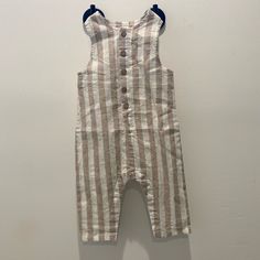 55% Linen, 45% Cotton Crew Neck, Top Stitched, Sleeveless Wooden Button(S), Placket, Stripe Print Brand New With Tags Never Worn Fitted Sleeveless Jumpsuits And Rompers For Playwear, Sleeveless White Cotton Overalls, Sleeveless Cotton Overalls With Button Closure, Sleeveless Jumpsuits And Rompers With Button Closure For Beach, Fitted Sleeveless Overalls With Button Closure, Casual Sleeveless Beige Overalls, Beige Sleeveless Casual Overalls, Sleeveless Cotton Jumpsuit With Buttons, Sleeveless Jumpsuits And Rompers With Buttons For Spring