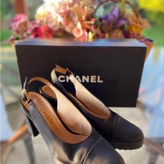 Classic And Timeless Beautiful Sling Backs For Any Occasion Black Chanel Semi-Pointed Slingback Pumps With Tonal Cap-Toes, Rubber Soles And Gold-Tone Buckle Closure At Ankles. Includes 1 Dust Bag And Box. Platforms: 0.75" Heels: 2.75" Condition: Very Good. Minor Minor Discoloration At Insoles; Faint Scuffing At Soles. Authentic Shoes Chanel, Chanel Black, Slingback Pump, Chanel Shoes, Sling Backs, Shoes Women Heels, Dust Bag, Shoes Heels, Chanel