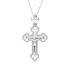 18K White Gold Crucifix Cross Pendant With Budded Edges and Diamond Detailing
The iconic crucifix is taken to a new level in beauty and meaning. Fashioned in 18K white gold, this traditional style is embellished with diamond-cut detailing flowing into pointed budded edges. The depth and texture grabs the eye, while the polished finish makes the piece shine. This exceptional look was designed to be worn daily and on special occasions. 
0.62 carat
18k white gold
﻿We offer a Free vir Luxury Cross Pendant With Prong Setting, Zipper Bracelet, Orthodox Cross, Cross Necklaces, Diamond Crown, Eastern Orthodox, Orange Sapphire, Tennis Bracelet Diamond, Salt And Pepper Diamond