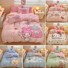 four pictures of hello kitty bedding and comforter sets in various colors, sizes and designs