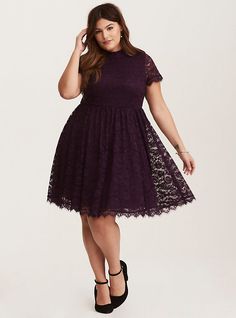 Deep Purple Lace High Neck Skater Dress, AUBERGINE Plus Size Cocktail Dresses, Plus Size Party Dresses, Fit And Flare Skirt, Lace Party Dresses, Lace Skater Dress, Mode Chic, Mini Skater Dress, Purple Lace, Torrid Dresses