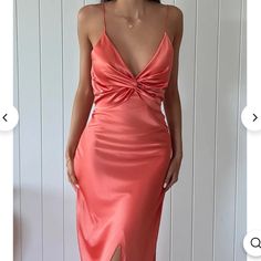 Unworn!! Perfect Satin Dress For The Summer Time! Coral Satin Dress, Dark Pink Satin Dress, Women Maxi Dresses Summer, Pink Satin Dress, V Neck Maxi Dress, Silk Dresses, Evening Attire, Solid Dress, Satin Dress