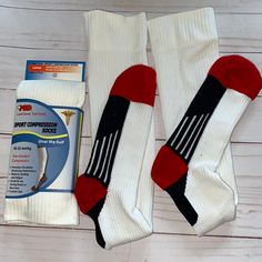 2 Prs +Md Otc Sport Compression Socks 18-25 Mmhg True Gradient White Red Medium One Package New Still Sealed Other Package And Used Ones Excellent Condition Smoke-Free Home Promotes Leg Circulation Helps Reduce Swelling Reduces Leg Fatigue, Enhances Performance, Women’s Shoe Size 10 Through 13 Men’s Shoe Size 10 Through 12 Plusmd Gradual Compression, Over The Counter, Standing, Long Work Hours, Medical Field, Postal Worker, Assembly Line, Nursing, Sports, Training, Exercise, Comfortable Functional White Socks, Comfortable White Functional Socks, Comfortable White Socks For Training, Comfortable White Knee-high Socks, Sporty Fitted White Hosiery, White Fitted Sporty Hosiery, Compression Knee-high Socks In White, White Compression Knee-high Socks, White Breathable Stretch Knee-high Socks