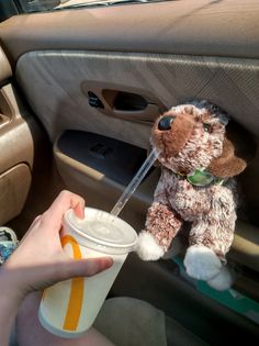 a stuffed dog sitting in the back seat of a car with a cup and straw