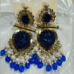 Indian Chandbalis/Jhumkas Royal Blue Color Brand New Never Used Blue Chandbali Danglers For Festive Season, Festive Blue Chandbali Danglers, Blue Chandbali Traditional Danglers, Elegant Blue Danglers For Celebration, Blue Chandbali Danglers With Latkans, Blue Kundan Danglers For Celebration, Blue Chandbali Danglers For Celebration, Blue Chandbali Danglers For Diwali, Blue Jhumkas For Festive Occasions