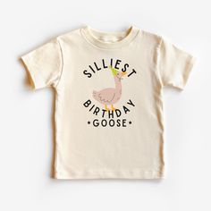 This Silly Goose Birthday graphic tee is 100% cotton, has a tear away tag for your child's comfort and comes in 5 natural Bella Canvas colors. In sizes 2T-5T, make this Silliest Birthday Goose Shirt the cutest addition to your little one's silly goose party! DETAILS .100% Cotton .Bella Canvas tee .Tear away label .Runs true to size .Props in any photos are not included and are for styling purposes only .Colors may slightly vary from styled photos  SIZING This graphic tee design will be printed on a Bella Canvas shirt that is high quality, comfortable and so soft! Sizing runs true to size (please refer to the size chart for exact measurements). If you'd like a more oversized look I would recommend ordering a size up. If you prefer a tighter fit, size down. Sizes are for toddlers and range f Unisex Cotton Birthday Shirt, Birthday Cotton Shirt With Funny Print, Funny Unisex T-shirt For Birthday, Birthday Cotton T-shirt With Funny Text, Birthday Graphic Cotton Tee, Birthday Graphic Tee In Cotton, Goose Birthday Party, Goose Party, Goose Birthday