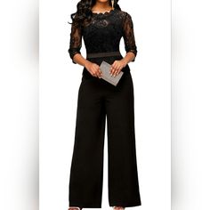 Ready To Turn Heads And Own The Night? Dive Into Elegance With This Black Lace Formal Wide-Leg Jumpsuit, Your New Secret Weapon For Any Special Occasion! Whether It’s A Black-Tie Gala, A Swanky Wedding, Or Just A Cocktail Party Where You Want To Dazzle, This Jumpsuit Has Got You Covered. Why You’ll Love It: Lace Neckline: The Round Lace Neckline With A Sheer Illusion Top Adds A Touch Of Romance And Sophistication. It’s Like Wearing A Love Letter In Outfit Form! Self-Belted Waistline: The Self-Belted Waistline Ensures You Look Snatched And Chic, While Keeping The Whole Ensemble Effortlessly Elegant. Crepe Wide-Leg Design: Flowy, Wide-Leg Pants Let You Glide Across The Dance Floor Wi Black Tie Pants Outfit, Jumpsuit For Wedding Guest Classy, Office Dinner Outfit Night, Swanky Wedding, Wide Legged Pants Outfit, Formal Attire Women, Bride Jumpsuit, Illusion Top, Jumpsuit For Wedding Guest