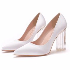 Details: Style: elegant Embellishment: Satin Heels Type:?Stiletto Heel height:?2.56inch/3.74inch Closure Type: slip on Toe: Pointed Toe Upper Material: Microfiber Leather Sole Material:?Rubber Lining Material:?PU Leather White Summer Court Shoes With Padded Heel, White Court Shoes With Padded Heel For Summer, White Closed Toe Court Shoes For Party, Clear High Heel Shoes For Prom, Clear High Heels For Prom, White Heels With Sculpted Heel For Events, White 4-inch Heels For Cocktail, White Block Heel Court Shoes For Party, White Sculpted Heel Cocktail Heels