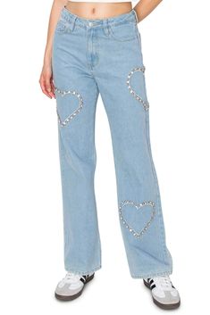 54% Cotton, 33% Polyester, 11% Rayon, 1% Nylon, 1% Other fibers Feature: These heart embellished jeans feature a high waisted relaxed fit cute heart rhinestone details, front button closure and zipper fly. These heart motif embellishment trend in the new jeans are the perfect choice for daily wear, weekend trips, date nights, and more. Versatile Style: Pair these with a crop tee, oversized t-shirt and sneakers for a casual everyday sporty look or layer with hoodies and sweaters. Style it with yo Trendy Straight Leg Jeans With Rhinestones, Trendy Straight Leg Pants With Rhinestones, Trendy Mid-rise Rhinestone Jeans, Trendy High Waist Jeans With Rhinestones, Trendy High-waisted Embellished Jeans, Trendy Rhinestone Jeans, Casual Straight Leg Bottoms With Heart Print, Spring High Rise Jeans With Rhinestones, Trendy Mid-rise Bottoms With Rhinestones