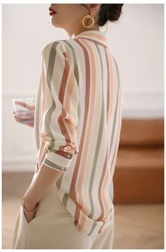 Step up your style game with our Multi Soft Colors Striped Elegant Basic Shirt. With its variety of soft colors and classic striped pattern, this shirt is the perfect versatile addition to your wardrobe. Made with high-quality material, it provides both comfort and elegance for any occasion. Designed by 4COLORDRESS Korean Fashion Shirt, Womens Basic Tops, Autumn Clothes, Basic Shirts, Korean Outfits, Belleza Natural, Clothes Collection, Color Stripes, Vintage Shirts