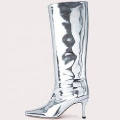 Patent Knee-High Western Boots Trendy Spring Knee-high Boots With Reinforced Heel, Silver High Ankle Winter Boots, Elegant High-top Boots For Spring, Silver Knee-high Boots With Pointed Toe For Fall, Casual Silver Winter Boots, Trendy Silver Heeled Boots For Fall, Silver Casual Boots For Spring, Casual Silver Boots For Fall, Casual Silver Boots For Spring