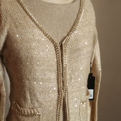 Beautiful Sweater For Holiday Wear Or Gifting! Details Include Chain Trim (Oh, Shades Of Cocoa Channel! ), A Sprinkling Of Golden Sparkles, And Patch Pockets! Wool, Acrylic, Polyester Blend (Exclusive Of Trims). Unworn, Nwt Ready For Cool Weather Wear Or Gift Giving. Labeled S, But Relaxed Fit So More Like A M Or L. Please See Measurements. Elegant Gold Sweater For Winter, Elegant Gold Winter Sweater, Gold Cardigan For Winter Party, Gold Cardigan For Fall Party, Chic Gold Cardigan For Winter, Fitted Gold Cardigan For Fall, Chic Gold Cardigan For Fall, Chic Gold Winter Sweater, Casual Winter Sweater For Parties