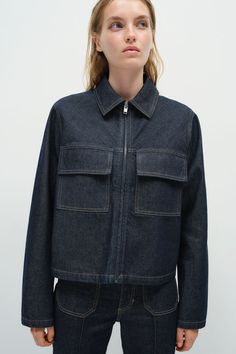 Jacket in rigid cotton denim with a yoke at front and back. Collar  zipper at front  and chest pockets with flap. Unlined. Jacket Long, Blazer With Jeans, Jean Top, Mens Sportswear, Short En Jean, Sportswear Women, Maternity Wear, Fall Wardrobe, Sport Running