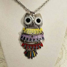 Silver Tone Colorful Sections Black Simulated Crystal Eyes Owl Necklace Nickel-free Multicolor Metal Necklaces, Nickel-free Multicolor Metal Necklace, Multicolor Metal Necklace Nickel-free, Adjustable Multicolor Metal Chain Necklace, Multicolor Long Metal Chain Necklace, Crystal Eyes, Crystal Eye, Long Necklaces, Owl Necklace