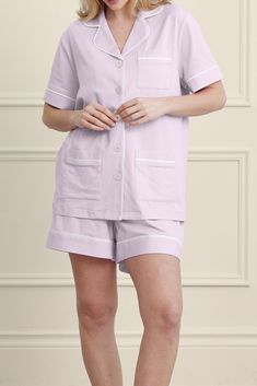 Slip into magnificently soft, four-way stretch cotton. Developed with anti-pilling and zero sagging qualities to last wear after wear. Solid Cotton Sleepwear With Pockets, Lavender Cotton Sleepwear For Spring, Purple Cotton Sleepwear For Relaxation, Casual Lavender Cotton Sleepwear, Lavender Cotton Sleepwear For Summer, Fitted Cotton Sleepwear For Relaxation, Stretch Cotton Short Sleeve Sleepwear, Stretch Cotton Sleepwear With Short Sleeves, Lavender Cotton Top For Daywear