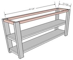 a wooden bench with measurements for the top and bottom shelves on each side, along with an additional shelf below