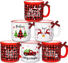 six christmas mugs with designs on them