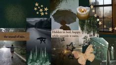 a collage of images with words and pictures on them, including an image of a person walking in the rain