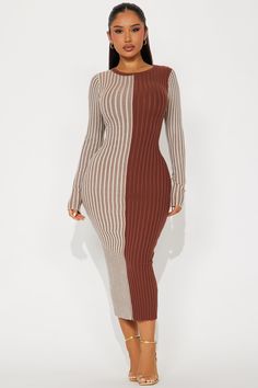 Available In Brown Combo. Sweater Midi Dress Crew neckline Long sleeves Stretch 80% Viscose 10% Polyester 10% Nylon Imported | Chai Latte Sweater Midi Dress in Brown size XS by Fashion Nova Sweater Midi Dress, Chai Latte, Sweater Dress Midi, Crew Neckline, Fashion Nova, Dress Outfits, Midi Dress, Long Sleeves, Womens Dresses