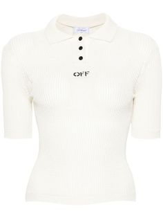 Find OFF-WHITE Logo-embroidered Polo Shirt on Editorialist. off-white ribbed knit polo collar short sleeves embroidered logo at the chest straight hem front button placket Off-white Logo, Embroidered Polo Shirts, Knit Polo, City Dress, Airport Fashion, Knitted Tops, Summer Beach Wear, Airport Style, Polo Collar