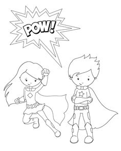 a boy and girl in black and white with the word pow above them