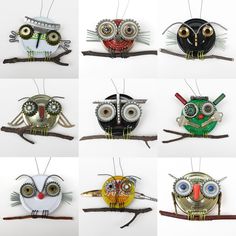 twelve different types of owls sitting on top of each other's heads, all made out of metal wire