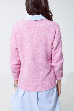 Embrace warmth and style with our Cozy Pink Fluffy Knit V-Neck Sweater, a must-have addition to your wardrobe for the cooler months. Charming Pink Color: This sweater comes in a trendy pink shade, perfect for adding a cheerful touch to your winter and spring ensembles. Luxuriously Soft Fluffy Knit: Crafted from a blend of 70% Polyester, 21% Polyamide, 8% Wool, and 1% Elastane, this sweater offers a fluffy and soft texture that's comfortable and cozy, ideal for chilly days. Flattering V-Neck Desi Winter And Spring Outfits, Fluffy Knit, Cozy Knits, Color Rosa, Everyday Wardrobe, Pink Sweater, V Neck Sweater, Collar Shirts, Neck Designs