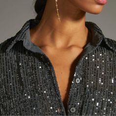 Just In Time For The Holidays! This Sparkly Button Down Will Make Your Season Bright. Glamorous Button-up Tops For Fall, Sequin Button-up Tops For Night Out, Chic Buttoned Party Top, Chic Party Tops With Buttons, Chic Party Top With Buttons, Glamorous Button-up Top For Night Out, Button-up Sequin Blouse For Party, Party Tops With Button Closure For Fall, Sequin Button-up Blouse For Night Out