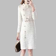 Ingvn New Arrival Autumn And Winter Runway Women Elegant Tweed Dress B Winter Runway, Dress Bow, Moda Chic, Bow Collar, Estilo Chic, Tweed Dress, Light Blue Denim, Hijab Outfit, Female Fashion