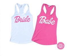 two bride tank tops with the words bride and bachelor written in white on pink one