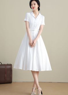 Vintage Inspired Swing Midi Dress Women, Fit and Flare Dress, 50s Work Dress, Short Sleeve Button up Long Dress, Custom Party Dress 2318 - Etsy Classic White Vintage Dress With Short Sleeves, 1950s Style Formal Midi Dress, Classic A-line Vintage Dress With Button Closure, Classic Full Skirt Midi Dress For Summer, White Button-up Semi-formal Dress, Elegant Vintage Dress With Full Skirt For Summer, Classic Knee-length Vintage Dress For Work, Classic Knee-length Vintage Dress, Classic White A-line Shirt Dress