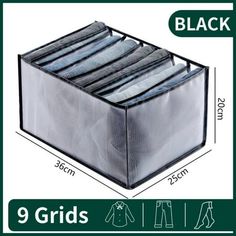 the 9 grids storage bag is shown with measurements for each item in front of it