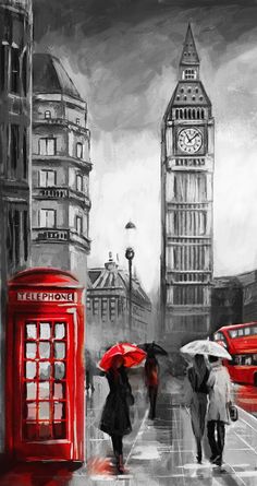 a painting of people walking in the rain with umbrellas and big ben behind them