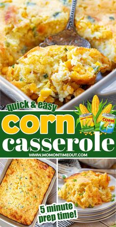 corn casserole recipe collage with text overlay and images in the bottom right corner