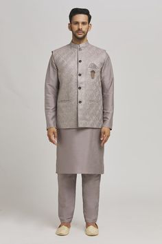 Grey bundi with thread embroidered scallop patterns. Comes with inner kurta and pant. - Aza Fashions Elegant Nehru Jacket With Chikankari Embroidery, Elegant Cotton Silk Nehru Jacket For Festive Occasions, Elegant Nehru Jacket With Chikankari Embroidery In Cotton Silk, Elegant Cotton Silk Nehru Jacket With Chikankari Embroidery, Elegant Cotton Silk Nehru Jacket With Resham Embroidery, Embroidered Nehru Jacket For Reception, Straight Shape, Wedding Nehru Jacket With Intricate Embroidery In Cotton Silk, Elegant Cotton Silk Nehru Jacket, Embroidered Nehru Jacket For Reception