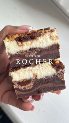 two pieces of chocolate and marshmallow brownie with the words rocher on it