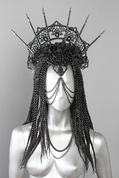 This is a one of a kind piece of wearable art made for the Five and Diamond Sixth Annual Headgear Art Show and shown on August 2, 2018. LED lighted headpiece. (60 LEDs in total). Can be worn with lights on or off. Designed and handmade by the artist: Blue Moon Inspired Materials: LED lighting, Wire, felt, synthetic hair, crystals, fabric flowers, pave crystals, crystal applique One of a kind. LED - IT LIGHTS UP in a soft blue that creates a halo that is hard to photo but epic at night on the pla Luxury Gothic Headpieces For Festivals, Luxury Adjustable Costume Headpiece, Luxury Gothic Festival Headpieces, Luxury Avant-garde Headpieces, Witchy Head Dress, Thierry Mugler Headpiece, Halloween Head Piece, Head Piece Fashion, Elaborate Headpiece