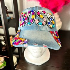 Super Amazing From Baseball Cap With Faux Gems And Boss Across Front. Distressed Denim With Faux Leather Strap On Back. Brand New. Totally Fly And Fabulous. Trendy Rhinestone Hats For Spring, Spring Hats With Rhinestones, Spring Rhinestone Hats, Socks And Jeans, Painting Clothes, Diy Hats, Denim Baseball Cap, Sox Hat, Plush Bags