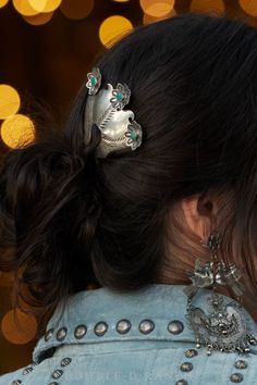 DAZZLE UP YOUR 'DO! Lately, we're really into this whole "hair jewelry" category of accessorizing and this intricate ornate hairpin is certain to make a statement. The vintage two-pronged hairpin is embellished with stampwork and adorned with a trio of dimensional silver flowers with snake eye turquoise center stones. You can use it to adorn your simple pony or use it to secure your chignon or French twist. Either way, your accessory game just got a major upgrade. materials: sterling silver, tur Silver Patina Jewelry For Weddings, Elegant Patina Jewelry For Weddings, Elegant Turquoise Headpiece For Wedding, Elegant Turquoise Wedding Headpiece, Collar Tips, Cashmere Accessories, Stocking Gifts, Belt Jewelry, French Twist