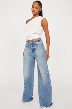 Available In Medium Wash. Wide Leg Jean 5 Pocket Pearl Embellished 34" Inseam 12.5" Rise Non Stretch Disclaimer: Due To The Specialized Wash Process, Each Garment Is Unique 100% Cotton Imported | Clutching My Pearls Baggy Wide Leg Jeans in Medium Wash size 5 by Fashion Nova Pearl Jeans, Baggy Wide Leg Jeans, Style Wide Leg Jeans, Cowgirl Boots Outfit, Oversized Jeans, Clothes Horse, Matching Dresses, Active Wear For Women, Wide Leg Jeans