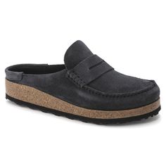 Naples Suede Leather Navy | BIRKENSTOCK Birkenstock Naples, Clogs Birkenstock, Birkenstock Styles, Moccasins Style, Calf Muscles, Clogs Shoes, Favorite Food, Uk Fashion, Soft Suede