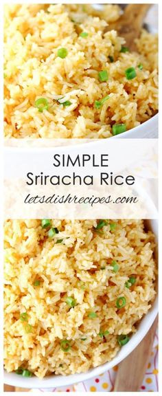 rice in a white bowl with green onions on top and the words simple sriraca rice