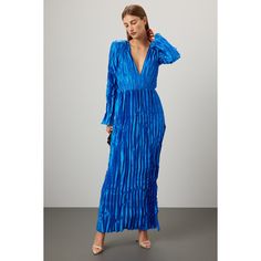 Blue satin (100% High-Grade Polyester). A-line. Long sleeves. V-neck. Back zipper closure. 55" from shoulder to hemline. Imported. Rent The Runway, Satin Maxi, Closet Designs, Blue Satin, Formal Event, Electric Blue, High Grade, A Line, Long Sleeves