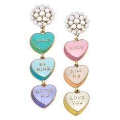 Celebrate love with these charming Valentine's Day Heart Earrings! A beautiful multi-color design, perfect for adding a touch of romance to any outfit. Details Base Metal with Worn Gold Plating Enamel Material Post Back Closure 2.75" Length x 0.75" Width Hearts Earrings, Conversation Heart, Resin Bangles, Conversation Hearts, Paper Store, Big Diamond, Converse With Heart, Heart Drop Earrings, Valentines Day Hearts